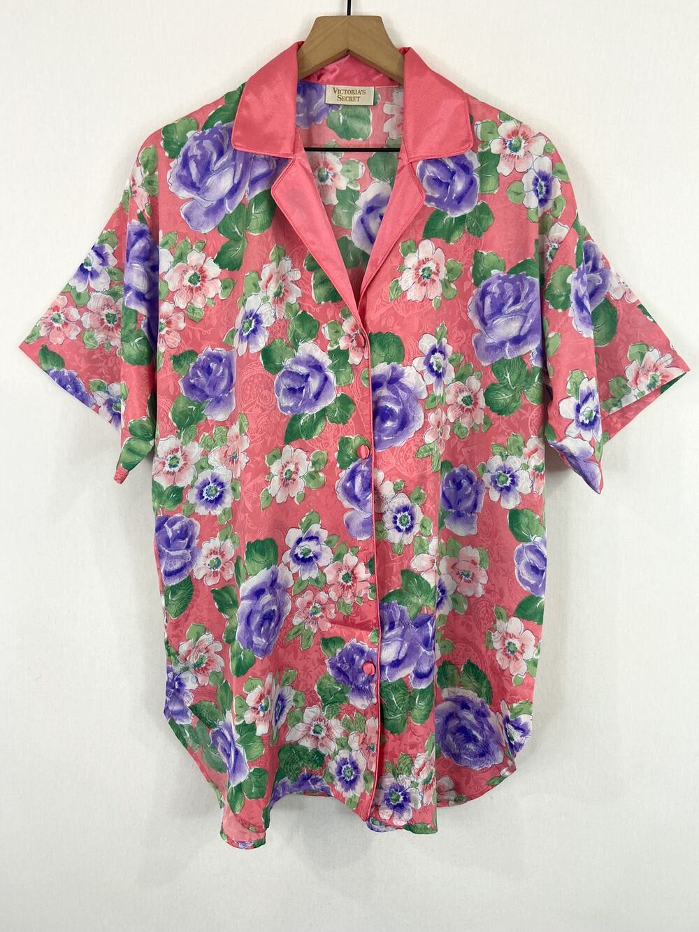 Vintage Victoria's Secret Gold Label Pink Floral Satin Sleep Shirt Dress S/M